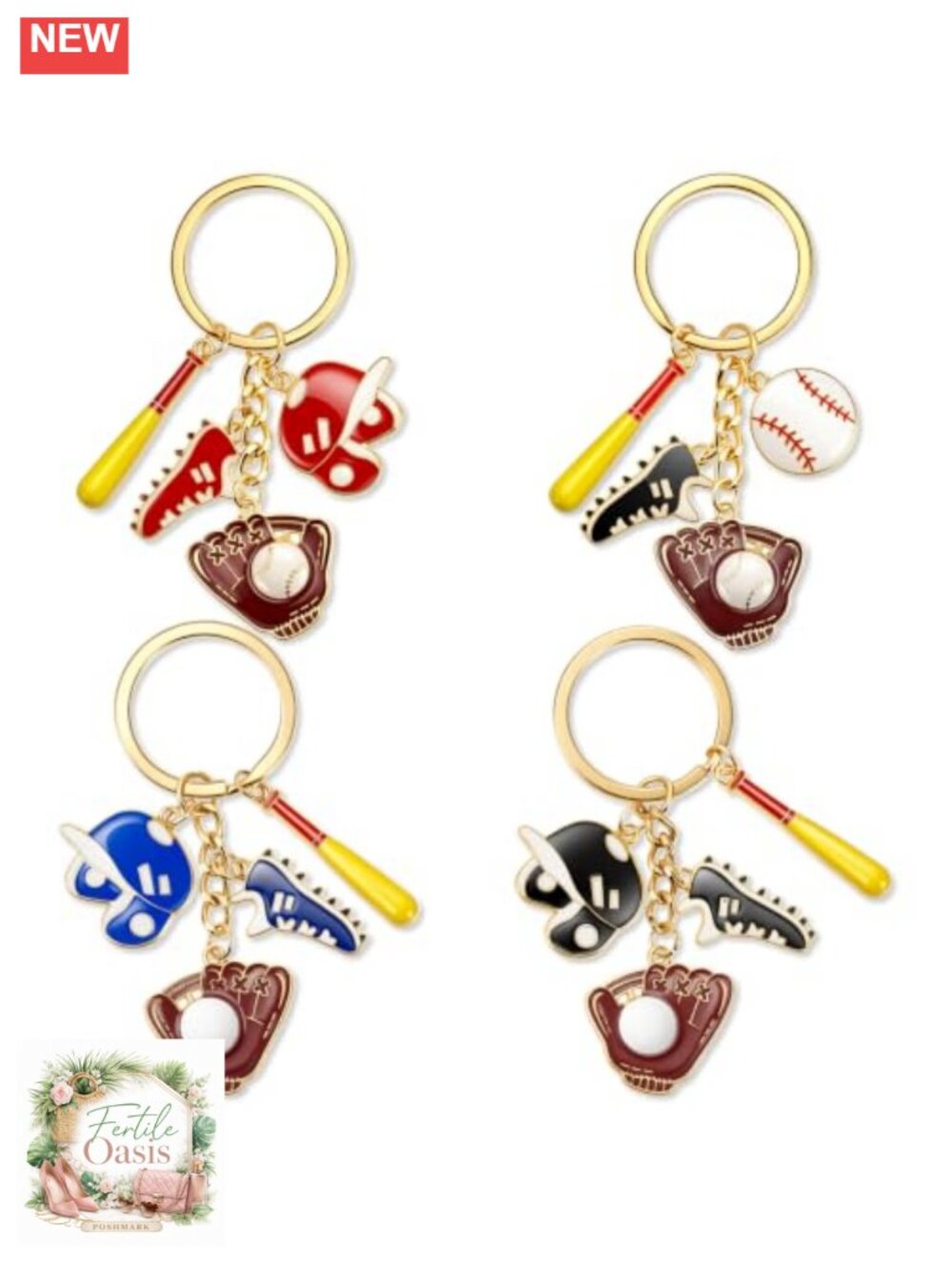 4 Pc Baseball Charms for Bag, Zinc Alloy Bag Keychains, Sports Lover Gift Purse